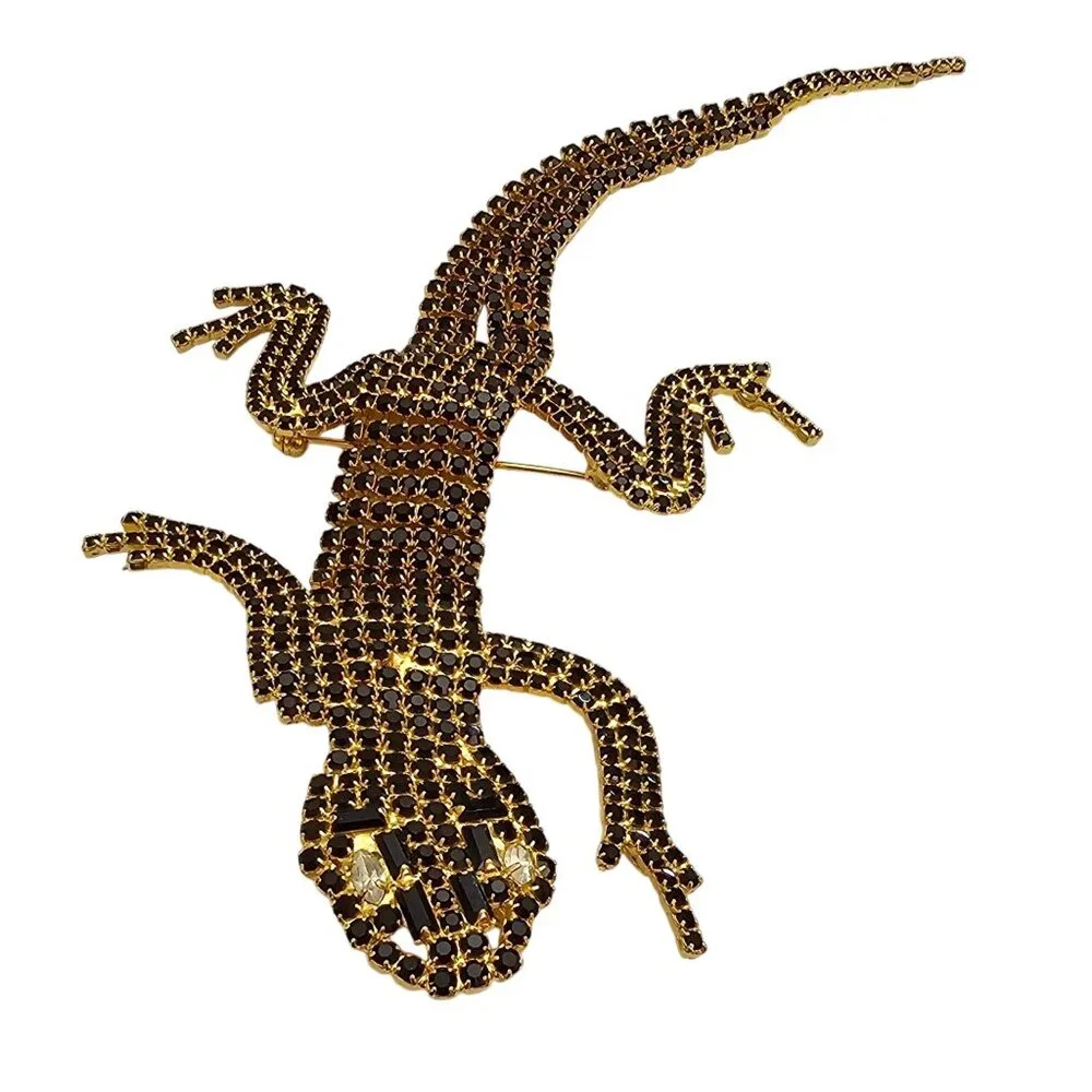 Black Rhinestone Lizard Reptile Brooch Prong Set Gecko Croc Shoulder Pin C996
